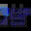 Purple and blue logo with abstract geometric shapes and text