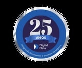 25 years anniversary badge for Digital Data with blue circular design and ribbon banner