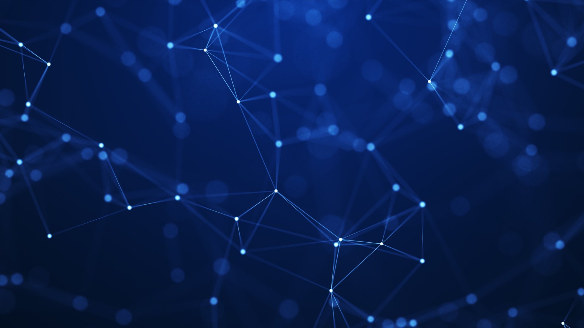 Blue digital network with interconnected nodes and glowing particles on dark background representing data connectivity and technology